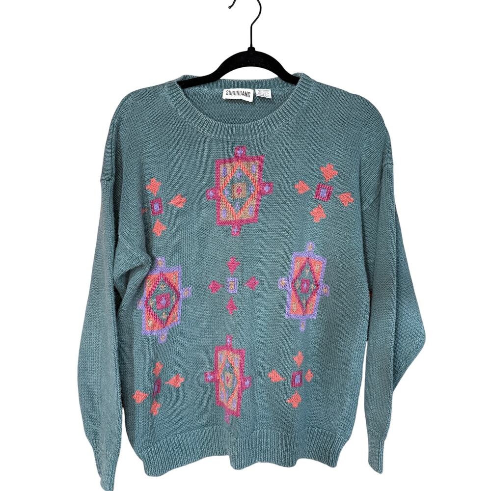 Suburbans Women’s Vintage Sweater Green Geometric Pattern Size L EUC